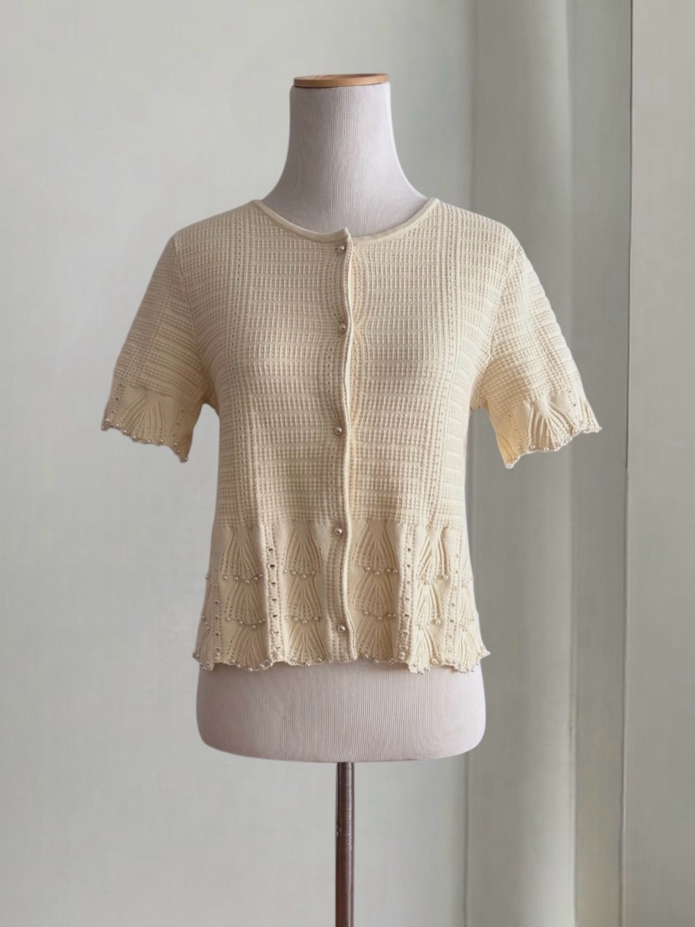 Caroline Constas Short Sleeve Ecru Pearl Knit Top